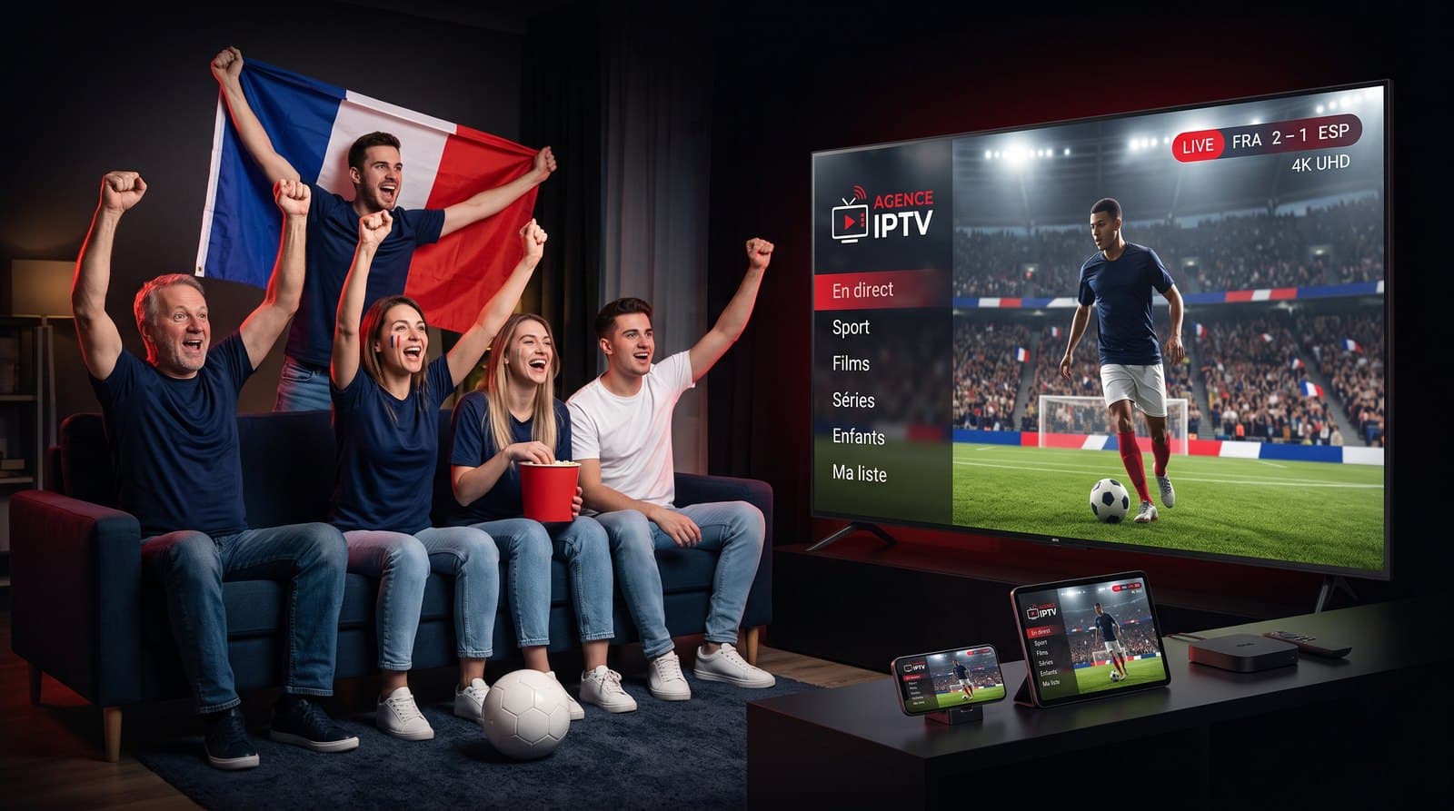 Supporters devant un match de foot en direct en 4K sur l'application Agence IPTV, sur TV, tablette et smartphone